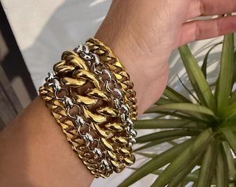 Mix silver gold tone  chains bracelet, multi strand chain bracelet, chunky statement jewelry
