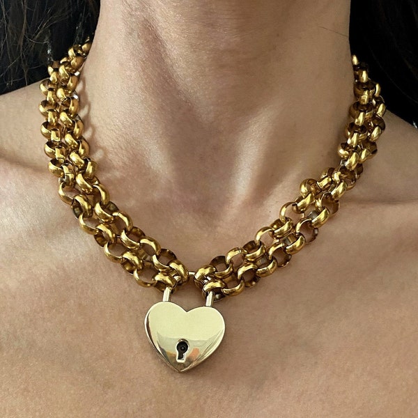 Collier cadenas, pendentif coeur, gros collier en or, grand collier rolo surdimensionné, vrai collier cadenas, collier grand coeur
