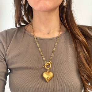 puffy heart necklace, long heart necklace, gold tone large heart necklace, big toggle necklace with puffed heart, necklace for woman