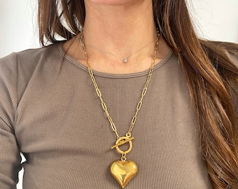 puffy heart necklace, long heart necklace, gold tone large heart necklace, big toggle necklace with puffed heart, necklace for woman