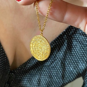 Big gold tone coin necklace, Phaistos disc charm necklace, boho medallion charm , Large coin charm necklace, gold coin medallion