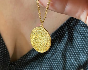 Big gold tone coin necklace, Phaistos disc charm necklace, boho medallion charm , Large coin charm necklace, gold coin medallion