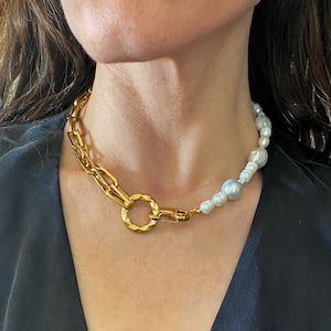 Baroque pearl necklace, Half chain half pearl necklace, short chunky necklace with freshpearls, real pearl necklace, modern pearl necklace