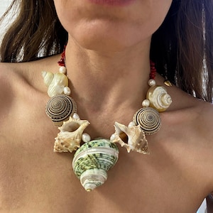 shell necklace, multi seashell necklace, large mismatched necklace, summer necklace for woman, mermaid core, festival jewelry