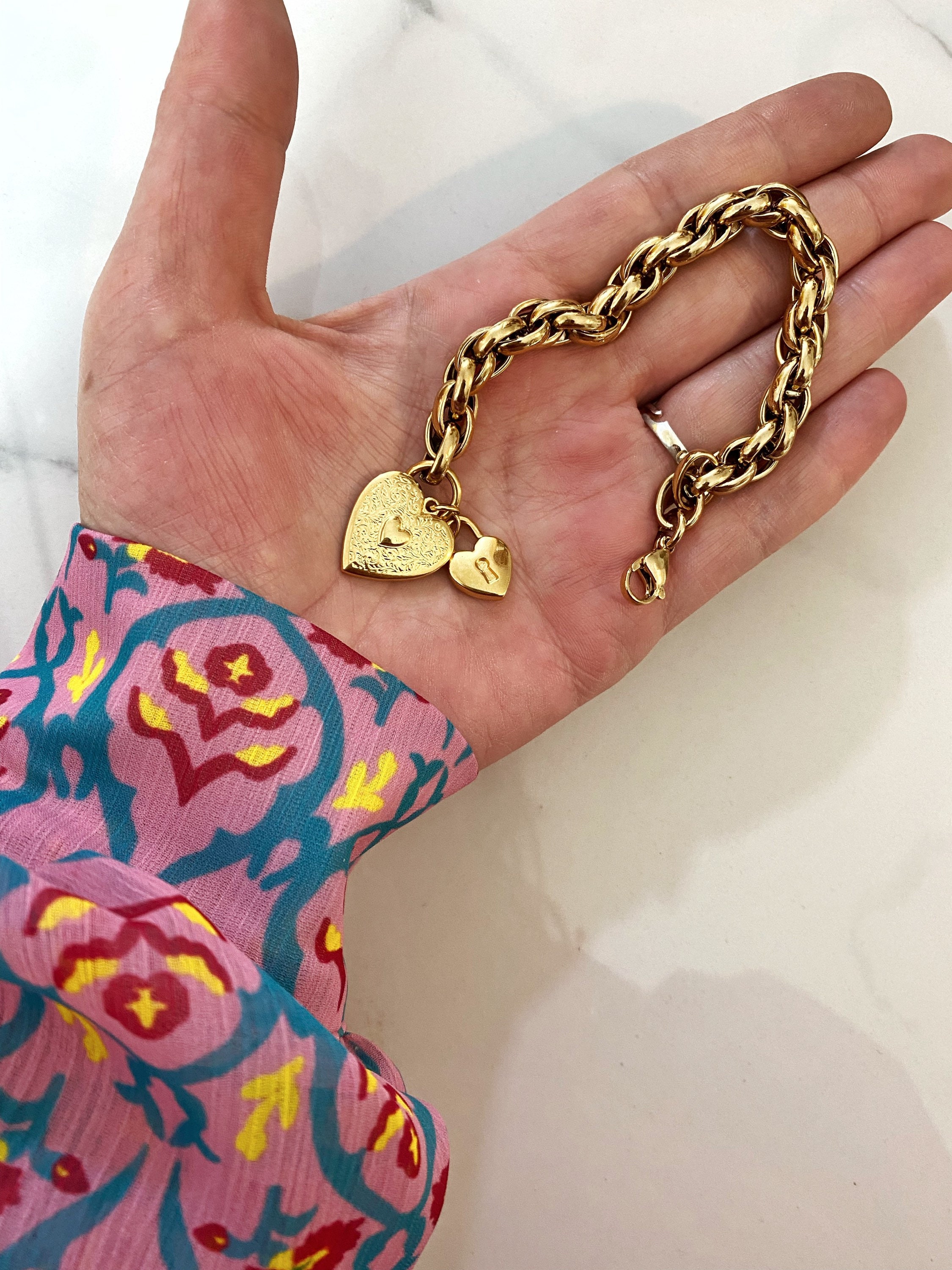 Hearts Charm Bracelet, Chunky Gold Bracelet, Gold Statement