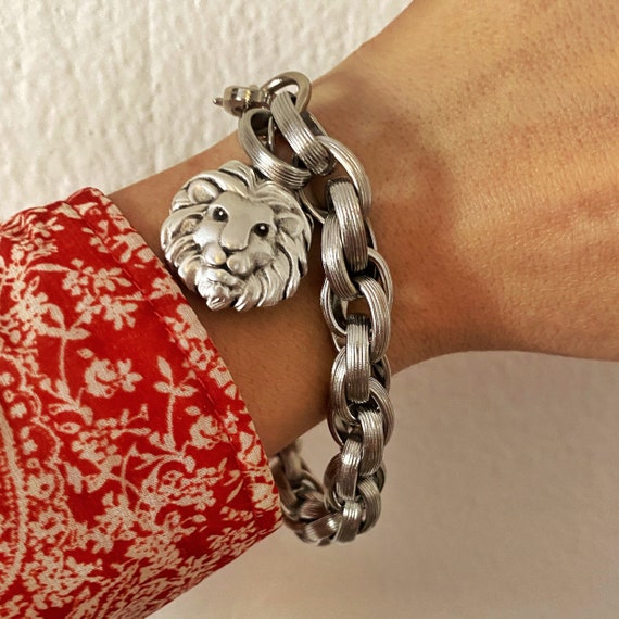 Lion Charm Bracelet Chunky Silver Chain Bracelet Silver