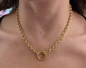 Gold Tone Charm Holder Necklace, Carabiner Rolo Chain
