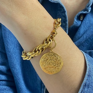 Coin bracelet for women, chunky gold tone bracelet, statement bracelet, big coin bracelet, large retro old style bracelet