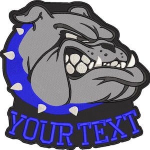 May include: A gray bulldog with a blue collar with white spikes. The bulldog is snarling with its mouth open and teeth showing. The text "YOUR TEXT" is below the bulldog.