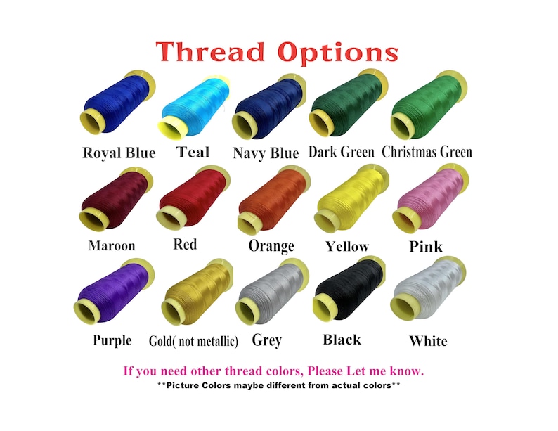 K&ouml;nnte beinhalten: Eine Tabelle mit Garnfarben f&uuml;r Stickerei. Die Farben sind: K&ouml;nigsblau, T&uuml;rkis, Marineblau, Dunkelgr&uuml;n, Weihnachtsgr&uuml;n, Weinrot, Rot, Orange, Gelb, Rosa, Lila, Gold (nicht metallisch), Grau, Schwarz und Wei&szlig;. Der Text "Thread Options" steht oben in der Tabelle. Der Text "Wenn Sie andere Garnfarben ben&ouml;tigen, lassen Sie es mich bitte wissen." steht unten in der Tabelle. Der Text "Bildfarben k&ouml;nnen von den tats&auml;chlichen Farben abweichen" steht unten in der Tabelle.