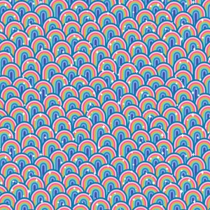 May include: A seamless pattern of colorful rainbow-colored arches on a blue background. The arches are arranged in a repeating pattern, creating a visually appealing and vibrant design.