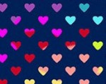 Makower Hearts, Rainbow Hearts on Blue