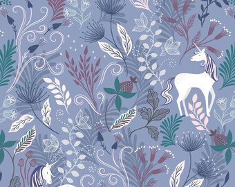 Lewis and Irene - Enchanted - Unicorn on Blue with Metallic Silver Highlights.