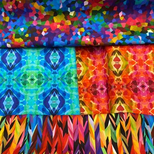 May include: Three fabric swatches featuring geometric patterns. The top swatch has a mosaic design in shades of blue, red, green, and purple. The middle swatch has a repeating pattern of blue and green shapes. The bottom swatch has a repeating pattern of red, orange, yellow, and black shapes.