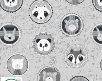 Stof Fabric, Panda and Friends in Frames. Bear, Panda, Rabbit and Raccoon.  100% Cotton. Neutral Baby