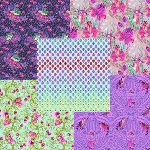 May include: A collage of nine colorful patterned fabric squares. The patterns include floral, polka dot, and animal prints. The fabric squares are arranged in a grid pattern.
