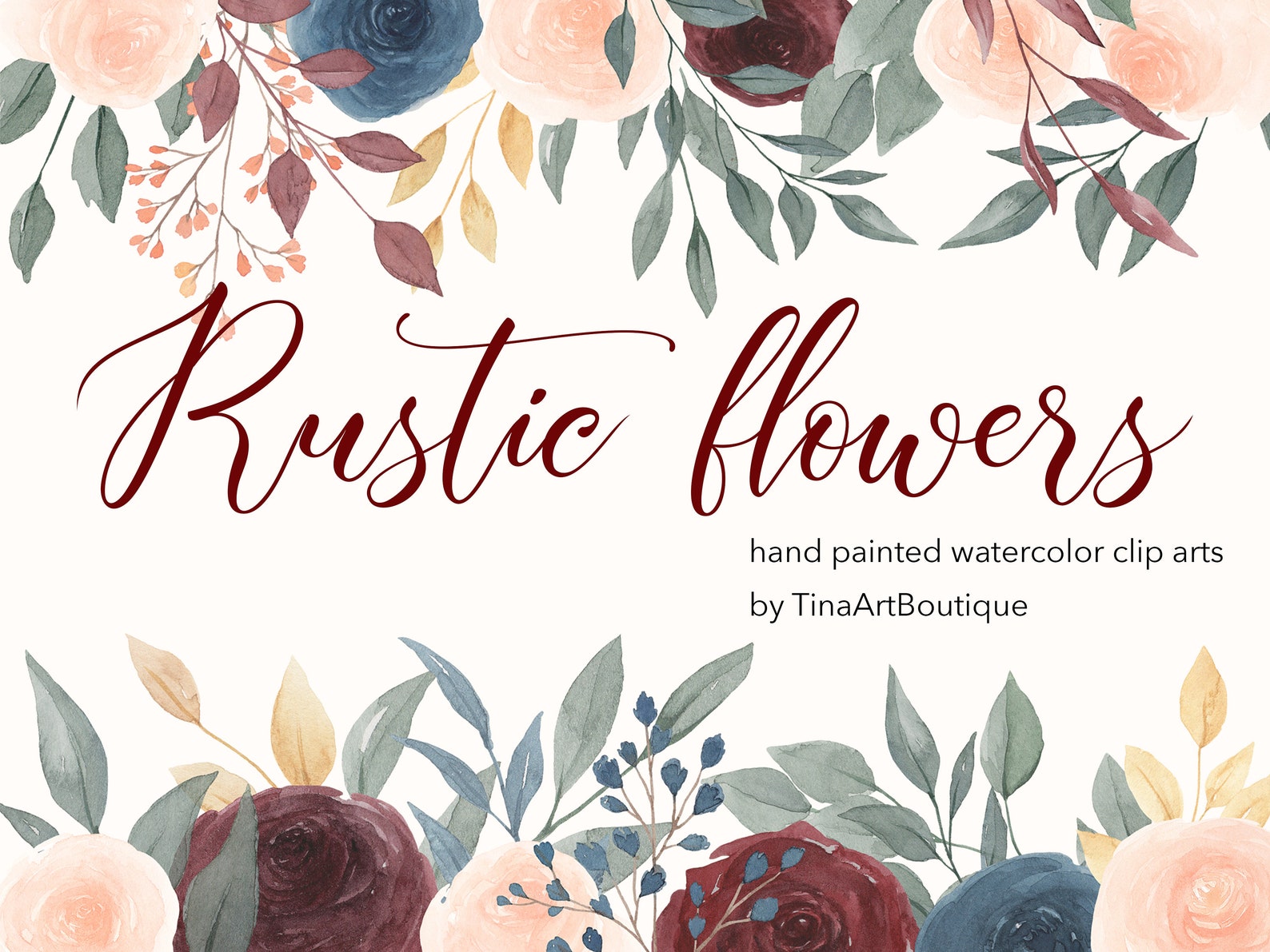 Rustic Floral Watercolor Clipart/Burgundy Navy Blush | Etsy