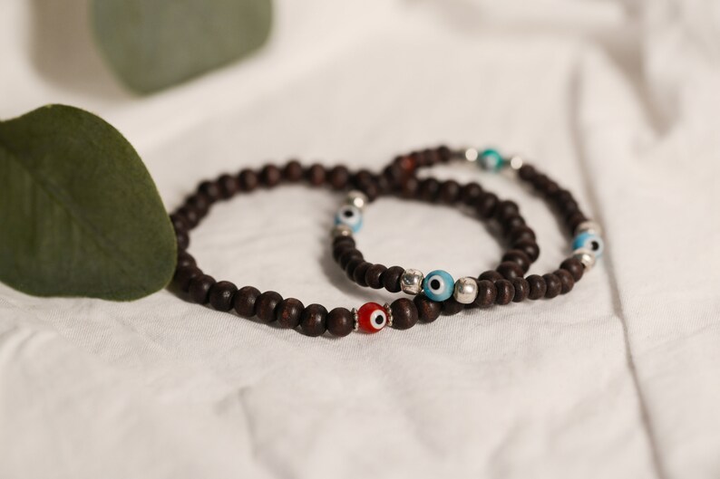 Wood bracelet evil eye arm candy set