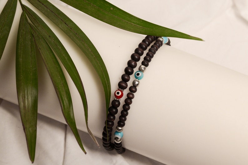 Wood bracelet evil eye arm candy set