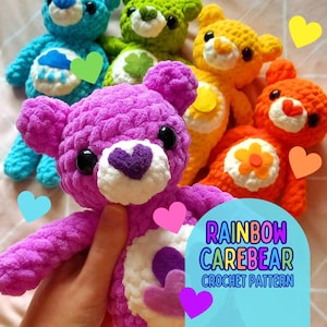 May include: A collection of crocheted rainbow care bears. The care bears are in various colors, including purple, blue, green, yellow, and orange. Each care bear has a unique symbol on its chest, such as a heart, a cloud, a shamrock, a sun, and a flower. The care bears are all smiling and have big, round eyes. The text "RAINBOW CAREBEAR CROCHET PATTERN" is written on a blue background.