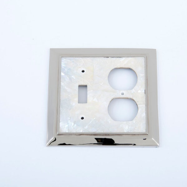 Switchplate, Toggle with Duplex Receptacle, White Mother of Pearl with Polished Nickel Frame