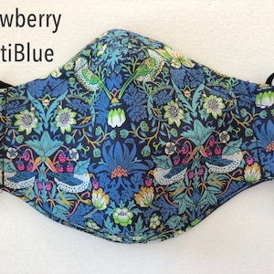 Liberty of London Face Mask Nose Wire Pretty Floral made in USA washable reusable designer fabric lightweight adults & teens Strawberry MultiBlue