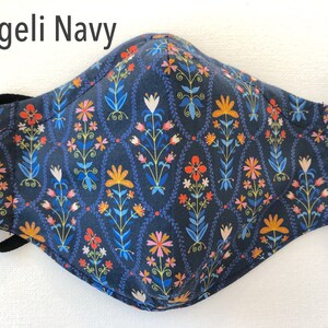 Liberty of London Face Mask Nose Wire Pretty Floral made in USA washable reusable designer fabric lightweight adults & teens Angeli Navy