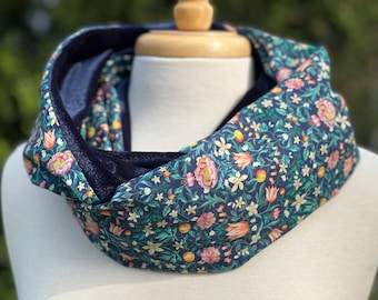 Handmade Liberty London Infinity Scarf: May's Orchard Tana Lawn & Navy Velvet