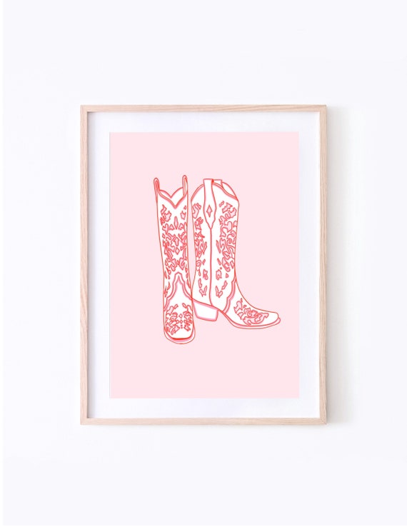 Pink Cowboy Boots Print Cowgirl Illustrated Art Print Pink - Etsy
