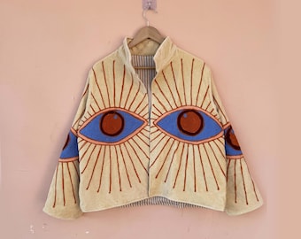 Hand Embroidered Velvet Evil Eye Jacket, Boho Kimono Coat