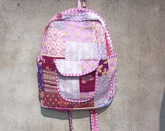 Pink Patchwork Cotton Quilted Backpack: Indian Style Travel Bag