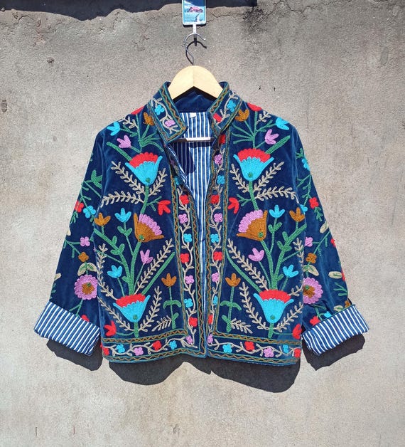 Handmade Velvet Embroidered Suzani Jacket - Navy Blue