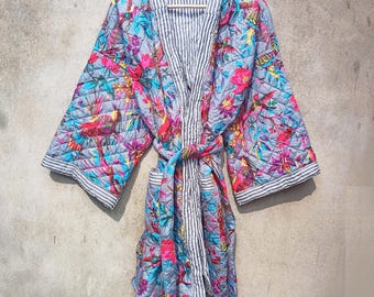 Floral Bird Print Cotton Quilted Robe: Indian Winter Loungewear