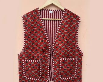 Floral Patchwork Cotton Quilted Jacket: Reversible Sleeveless Coat