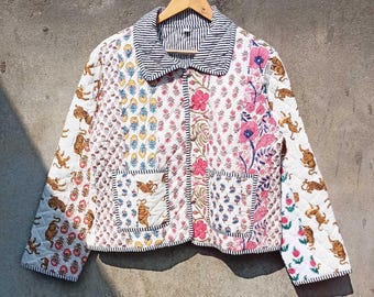 Floral Patchwork Cotton Quilted Jacket: Reversible Lightweight Coat