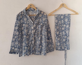 Conjunto de pijama de algodón hecho a mano: ropa de estar por casa con estampado de bloques indios