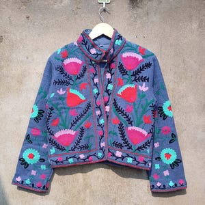 Hand Embroidery Indian Cotton Suzani Jacket Coat, Colorful Ethnic Chic Outerwear for Seasonal Outfits, Perfect Christmas Birthday Her Gift