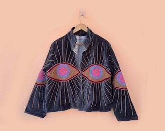 Handmade Velvet Boho Jacket, Evil Eye Suzani Embroidery