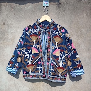 Blue Velvet Suzani Embroidered Quilted Jacket
