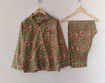 Conjunto de pijama de algodón hecho a mano: ropa de estar por casa con estampado de bloques indios