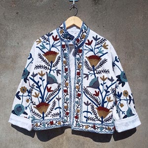 Indian Cotton Suzani Hand Embroidery Jacket Coat, Colorful Ethnic Chic Outerwear for Seasonal Outfits, Perfect Christmas Birthday Gift Her