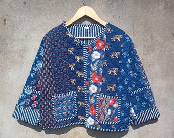 Floral Patchwork Cotton Quilted Jacket: Reversible Lightweight Coat