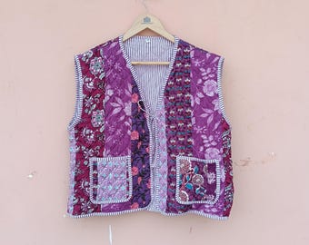 Floral Patchwork Cotton Quilted Jacket: Reversible Sleeveless Coat