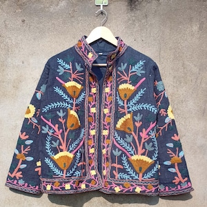 Hand Embroidery Indian Cotton Suzani Jacket Coat, Colorful Ethnic Chic Outerwear for Seasonal Outfits, Perfect Christmas Birthday Gift Her