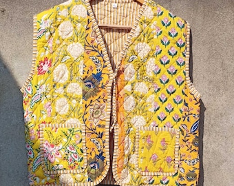Floral Patchwork Cotton Quilted Jacket: Reversible Warm Vest
