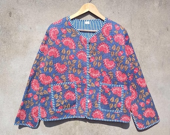Giacca trapuntata in cotone con stampa floreale fatta a mano: cappotto leggero reversibile