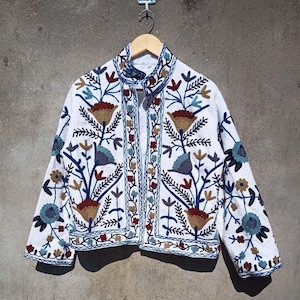 Traditional Cotton Suzani Hand Embroidery Jacket Coat, Colorful Ethnic Chic Outerwear for Seasonal Outfits, Perfect Birthday Gift to Her