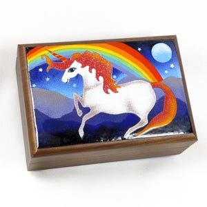 Thorens Swiss Unicorn Music Box – Rare Collectible, Enamel and Wood, Retro Unicorn, 60s-70s Style Rainbow Unicorn Musical Unique Gift