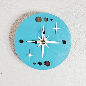 Mid Century Modern Small Round Wood Wall Clock, Retro Atomic Clock
