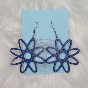 May include: A pair of blue starburst earrings with a silver hook. The earrings are on a light blue background.
